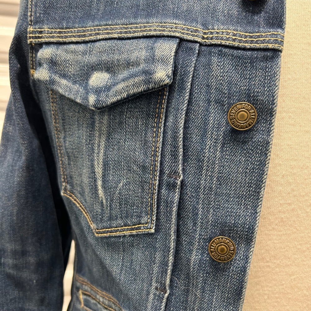 Vintage USA made 7 For All Mankind Denim Trucker Jacket Medium Wash Cinch - Picture 7 of 12